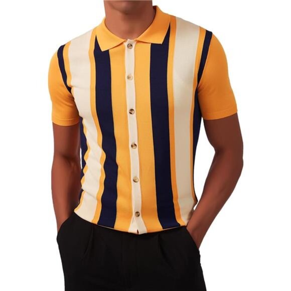 Men's Vintage Knit Polo Shirt Short Sleeve Light Orange